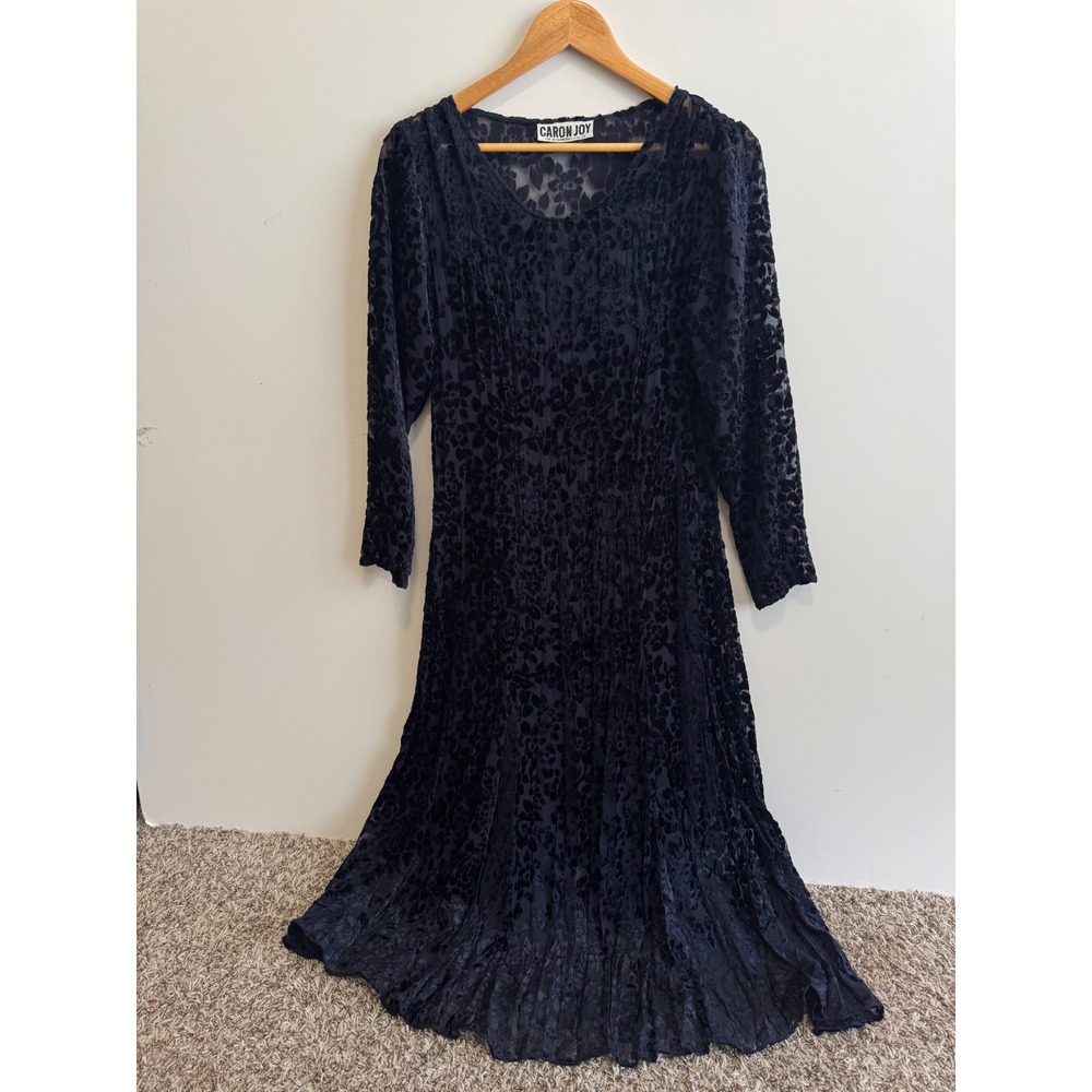 Vintage Caron Joy Sheer‎ Velvet Burnout Dress Floral Long Sleeve Maxi Evening